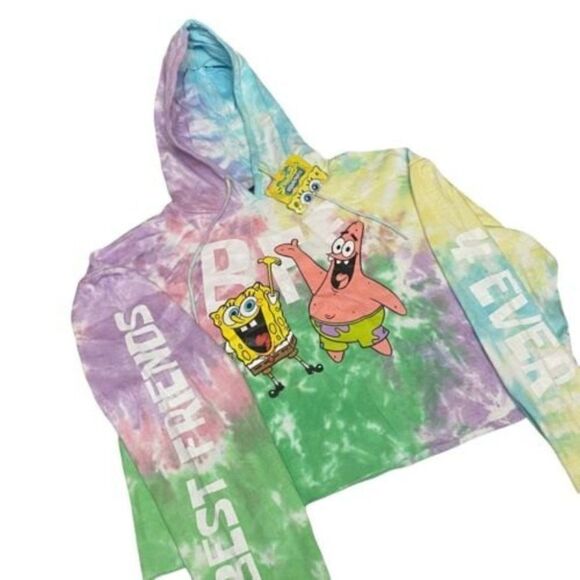 Spongebob Patrick Star BFF Tie Dye Crop Hoodie Rainbow Colorful Friends - Picture 1 of 6